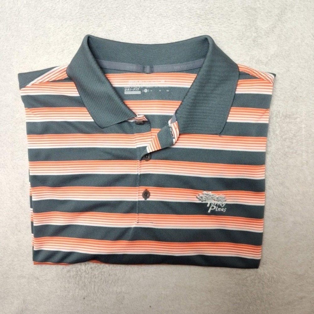 Nike Polo Shirt Mens XL Gray Orange Striped Torrey Pines Golf Performance Tech